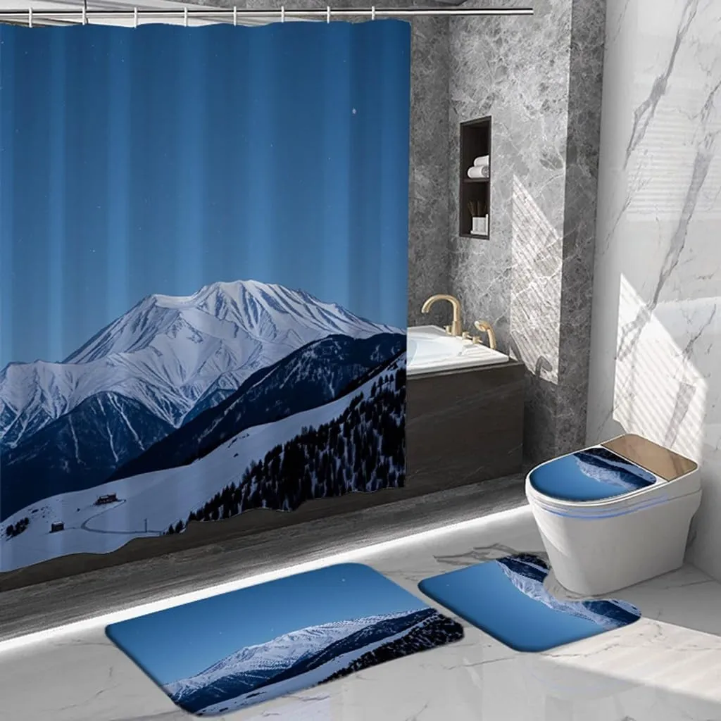 Black and White Starry Night Mountain Shower Curtain Set Galaxy Nature Snowy Mount Peak Night Sky Bathroom Curtains Polyester Fabric Waterproof Bath Curtains Decor 66" W x 72" L with Hooks