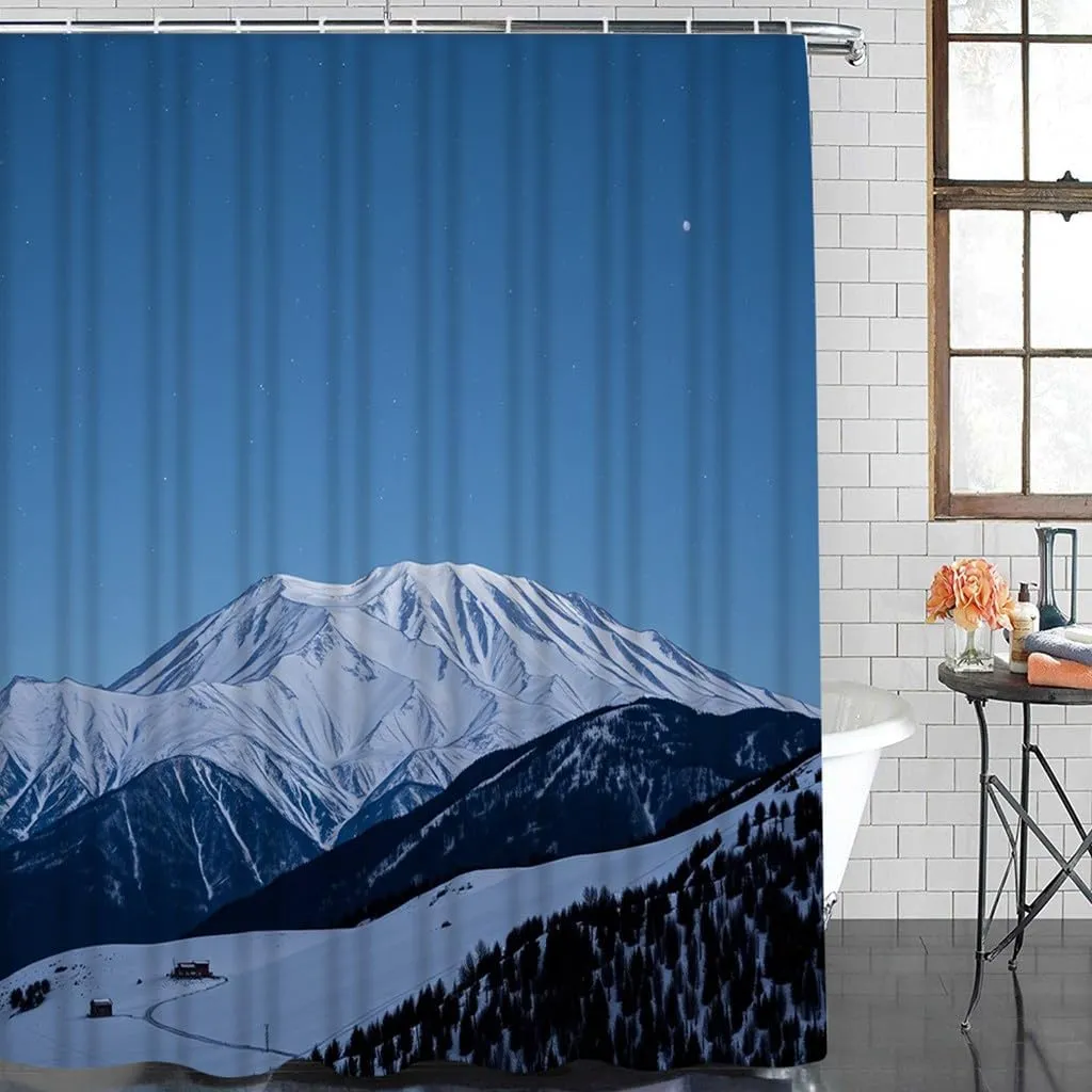 Black and White Starry Night Mountain Shower Curtain Set Galaxy Nature Snowy Mount Peak Night Sky Bathroom Curtains Polyester Fabric Waterproof Bath Curtains Decor 66" W x 72" L with Hooks