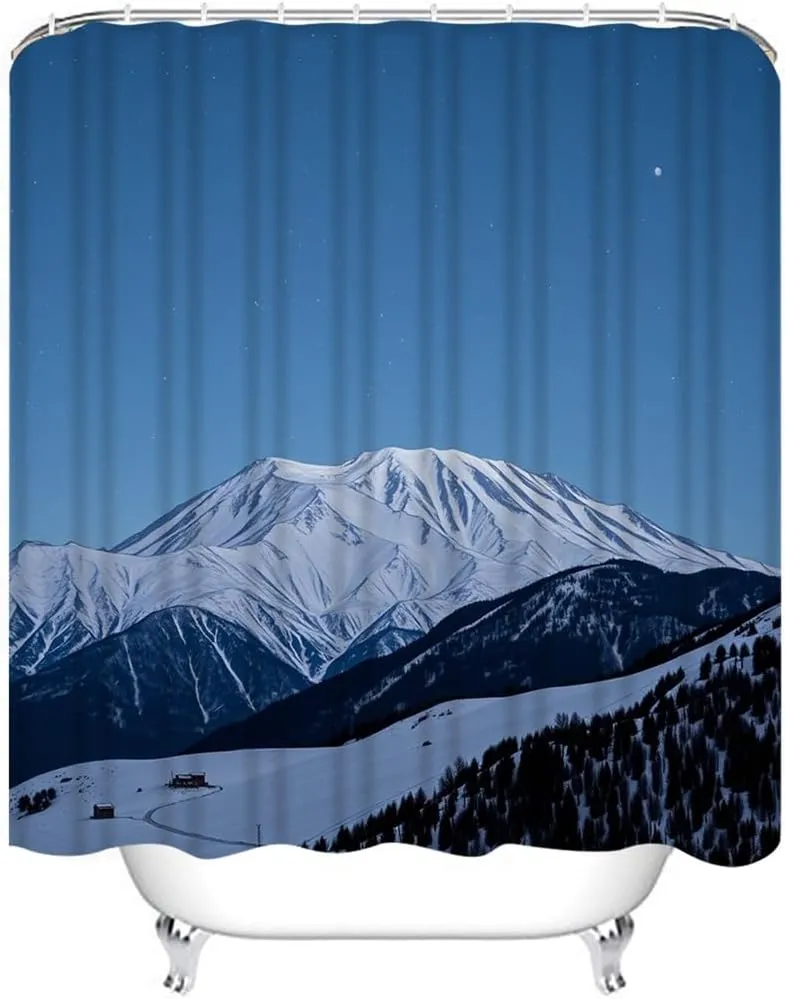 Black and White Starry Night Mountain Shower Curtain Set Galaxy Nature Snowy Mount Peak Night Sky Bathroom Curtains Polyester Fabric Waterproof Bath Curtains Decor 66" W x 72" L with Hooks