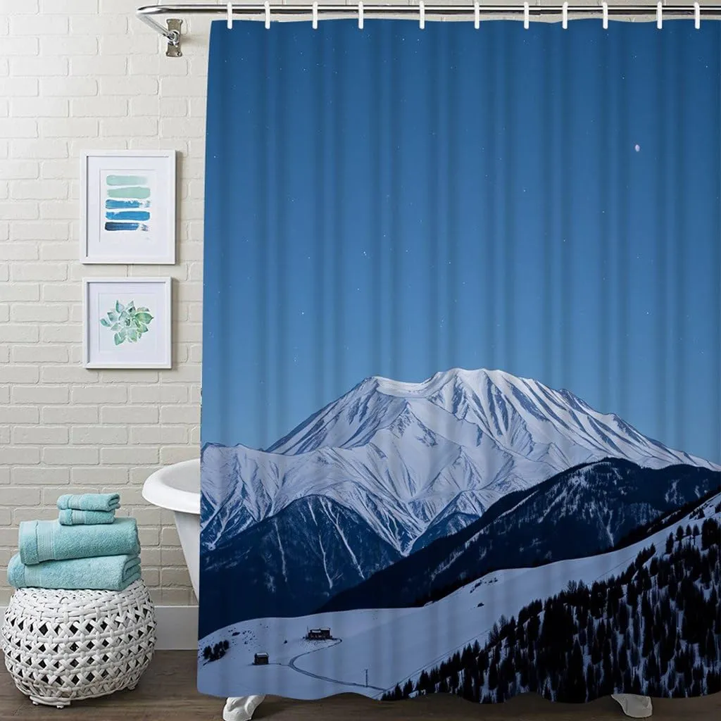 Black and White Starry Night Mountain Shower Curtain Set Galaxy Nature Snowy Mount Peak Night Sky Bathroom Curtains Polyester Fabric Waterproof Bath Curtains Decor 66" W x 72" L with Hooks