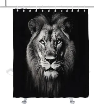 Black Fun Lion Shower Curtain Funny Wild Lions Shower Curtains Masculine Jungle Cool Animal Print Bathroom Decor Accessory with Hooks 72" W × 84" H