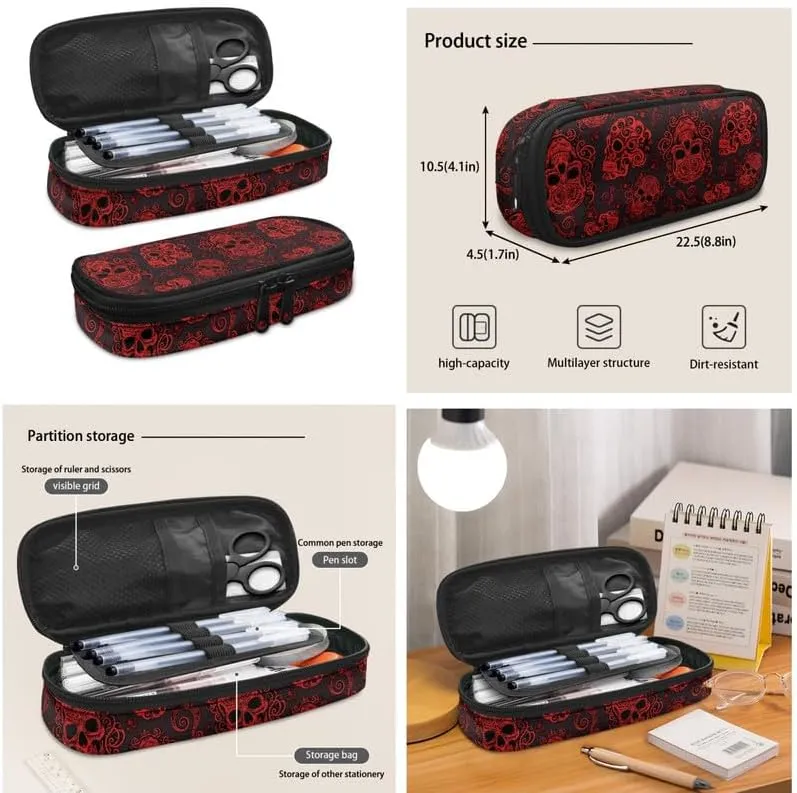 Black Red Skull Print 3Pcs Backpack with Lunch Box Halloween Gothic Skeleton Water Resistant Pencil Case Lightweight Teen Bookbags Fit for Kids Boys Girl Gifts