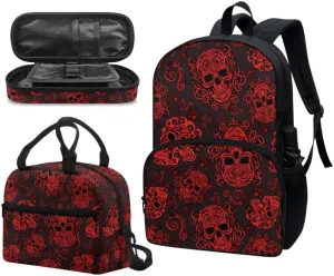 Black Red Skull Print 3Pcs Backpack with Lunch Box Halloween Gothic Skeleton Water Resistant Pencil Case Lightweight Teen Bookbags Fit for Kids Boys Girl Gifts