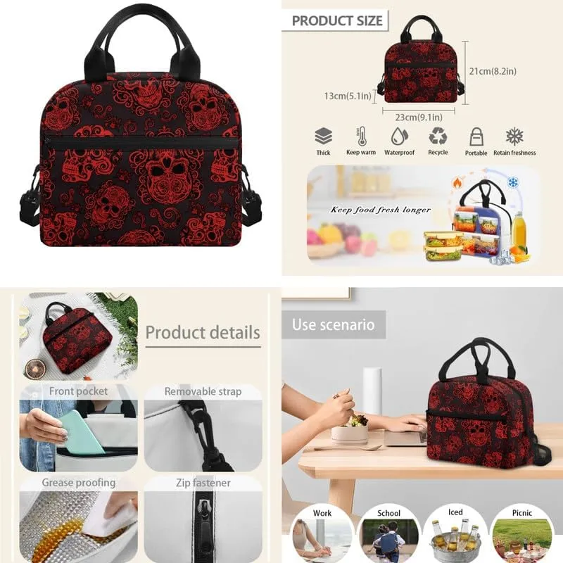 Black Red Skull Print 3Pcs Backpack with Lunch Box Halloween Gothic Skeleton Water Resistant Pencil Case Lightweight Teen Bookbags Fit for Kids Boys Girl Gifts
