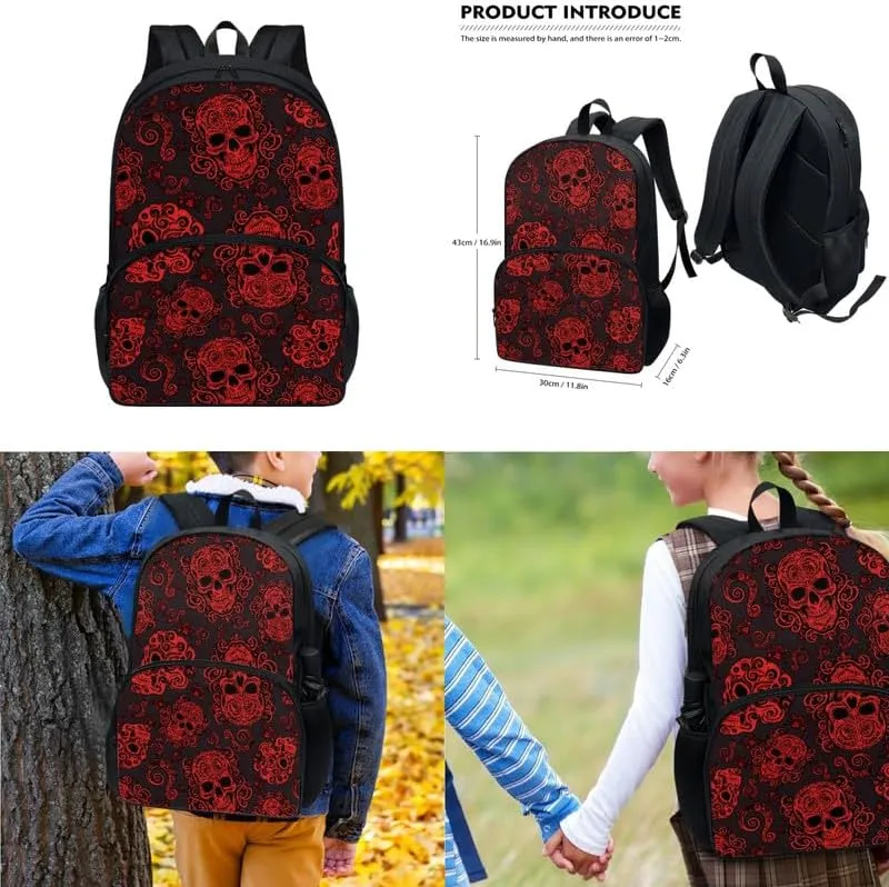 Black Red Skull Print 3Pcs Backpack with Lunch Box Halloween Gothic Skeleton Water Resistant Pencil Case Lightweight Teen Bookbags Fit for Kids Boys Girl Gifts