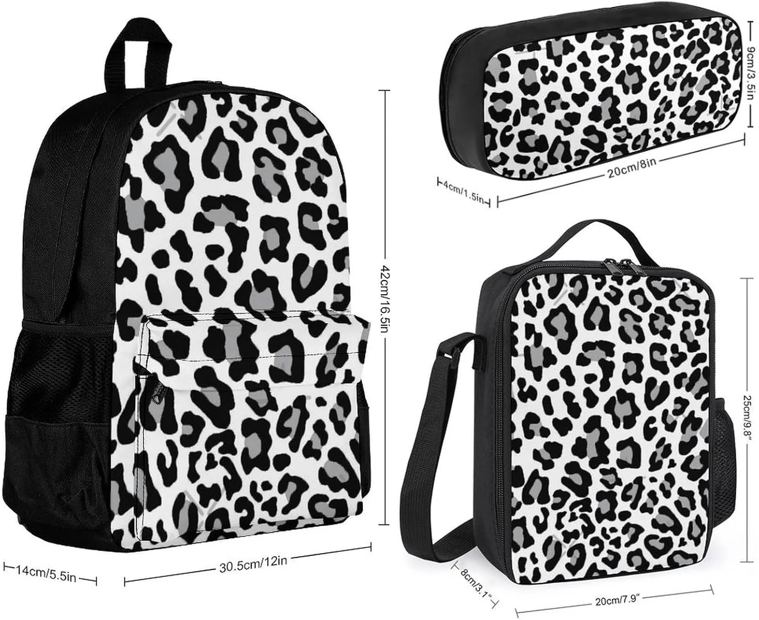 Black White And Grey Leopard Print Lightweight Pocket Backpack Crossbody Lunch Bag Set Unisex