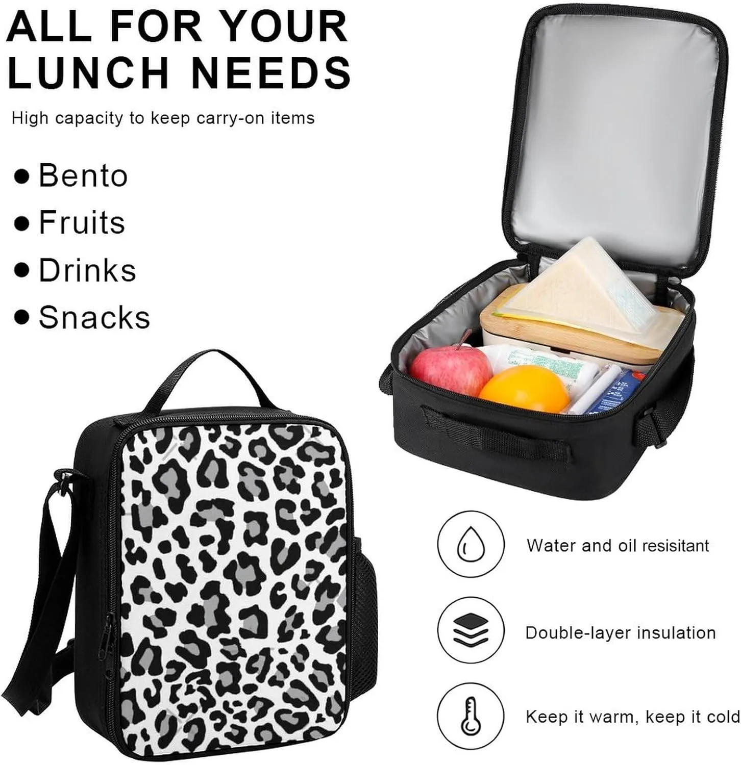 Black White And Grey Leopard Print Lightweight Pocket Backpack Crossbody Lunch Bag Set Unisex