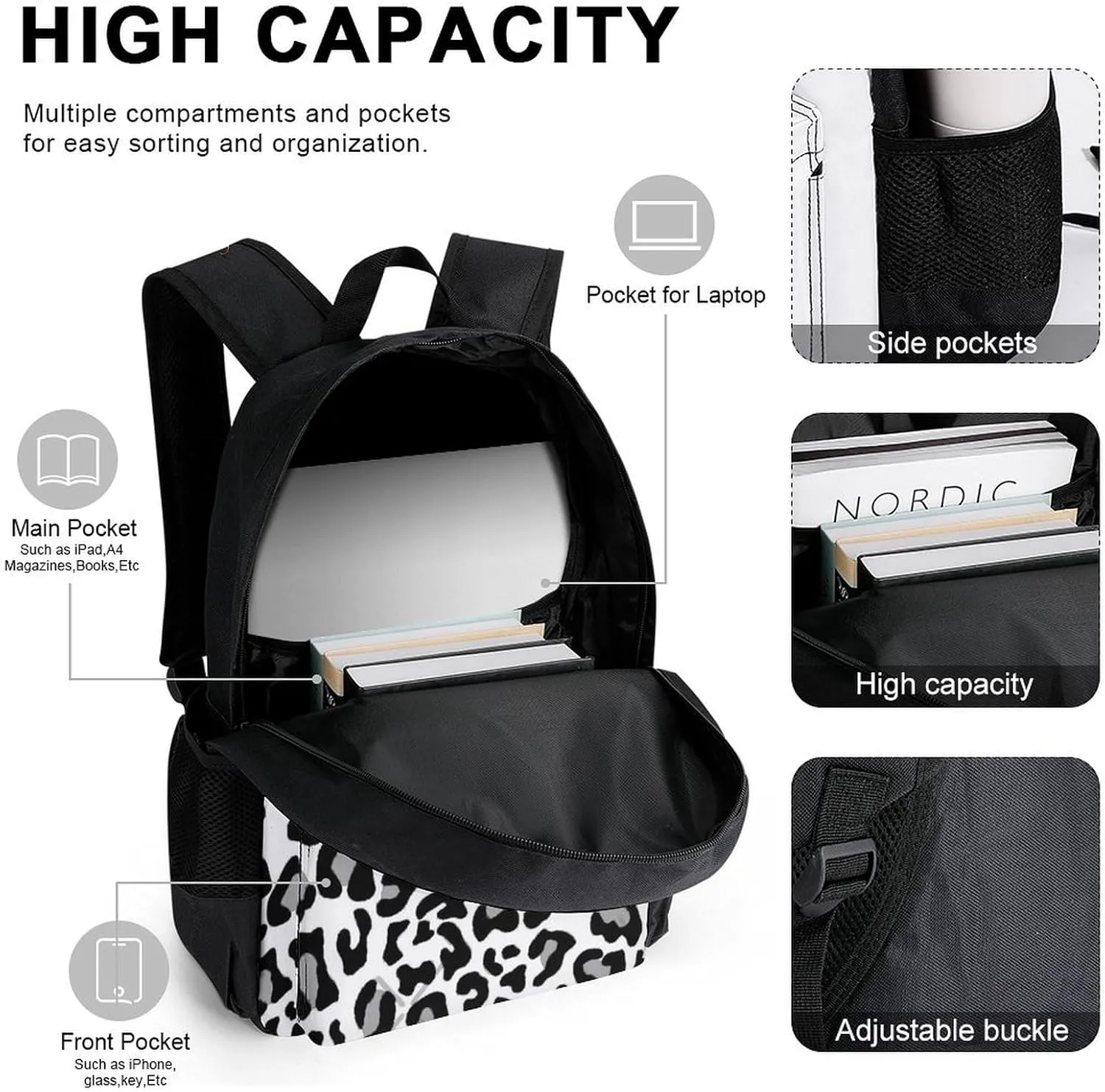 Black White And Grey Leopard Print Lightweight Pocket Backpack Crossbody Lunch Bag Set Unisex