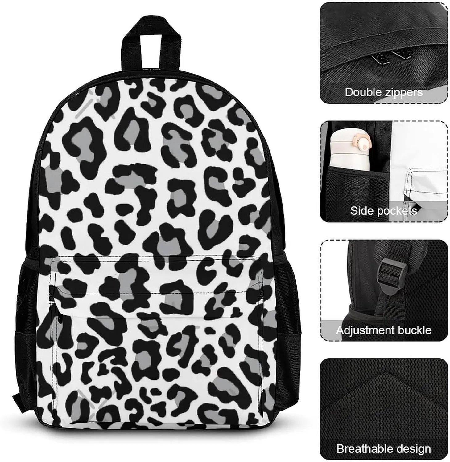 Black White And Grey Leopard Print Lightweight Pocket Backpack Crossbody Lunch Bag Set Unisex