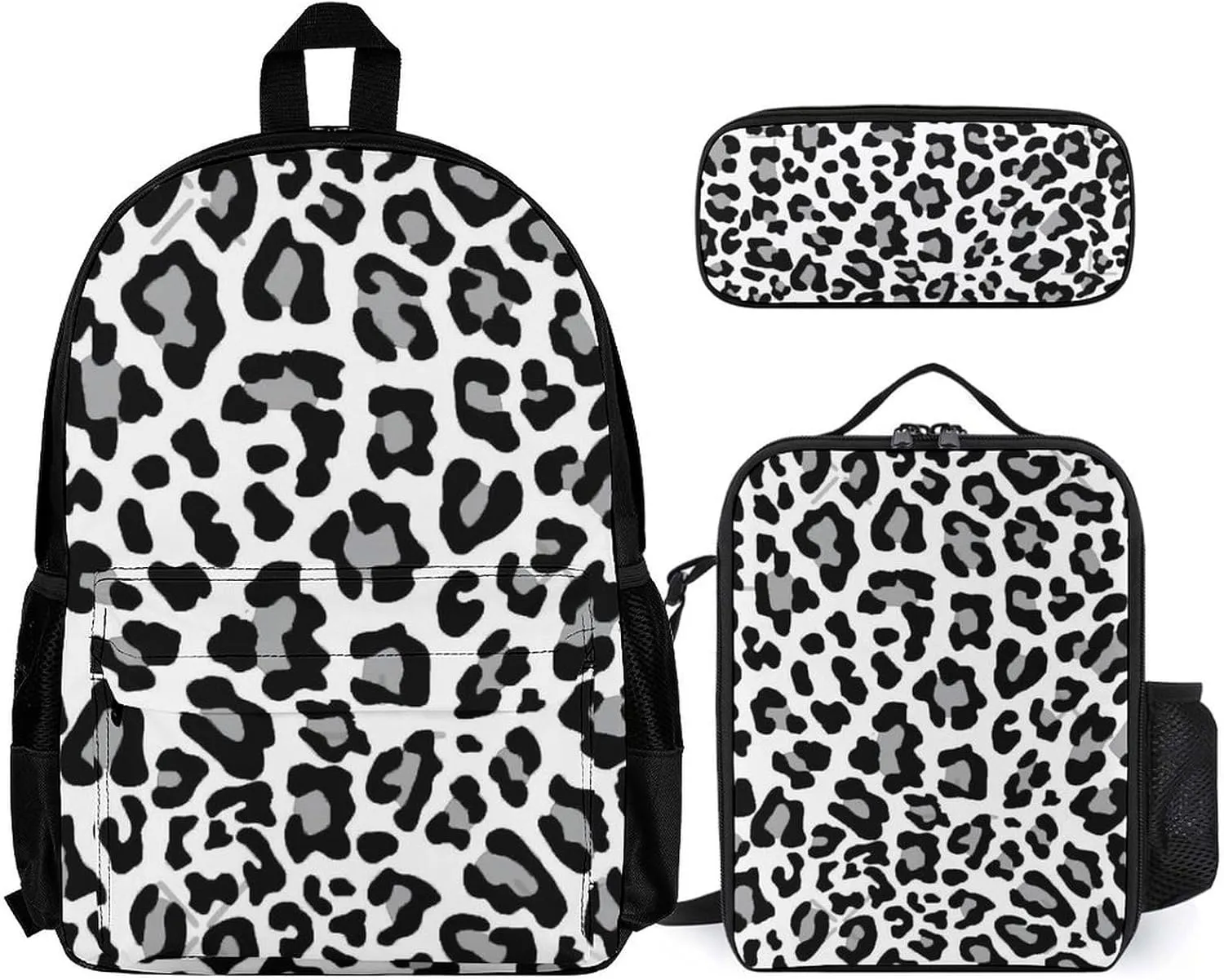 Black White And Grey Leopard Print Lightweight Pocket Backpack Crossbody Lunch Bag Set Unisex