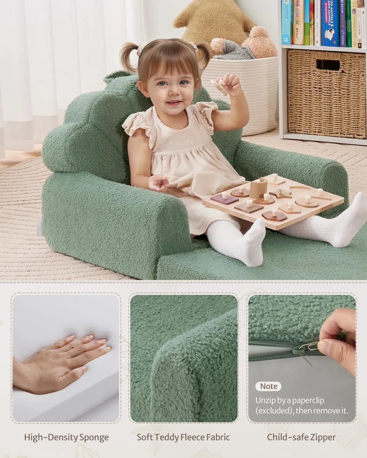 Blissful Diary Kids Couch, 2-in-1 Soft Toddler Couch Fold Out, Toddler Chair Comfy, Convertible Sofa to Lounger, Kids Furniture for Playroom, Gift for Birthday, Children's Day, Green Shell
