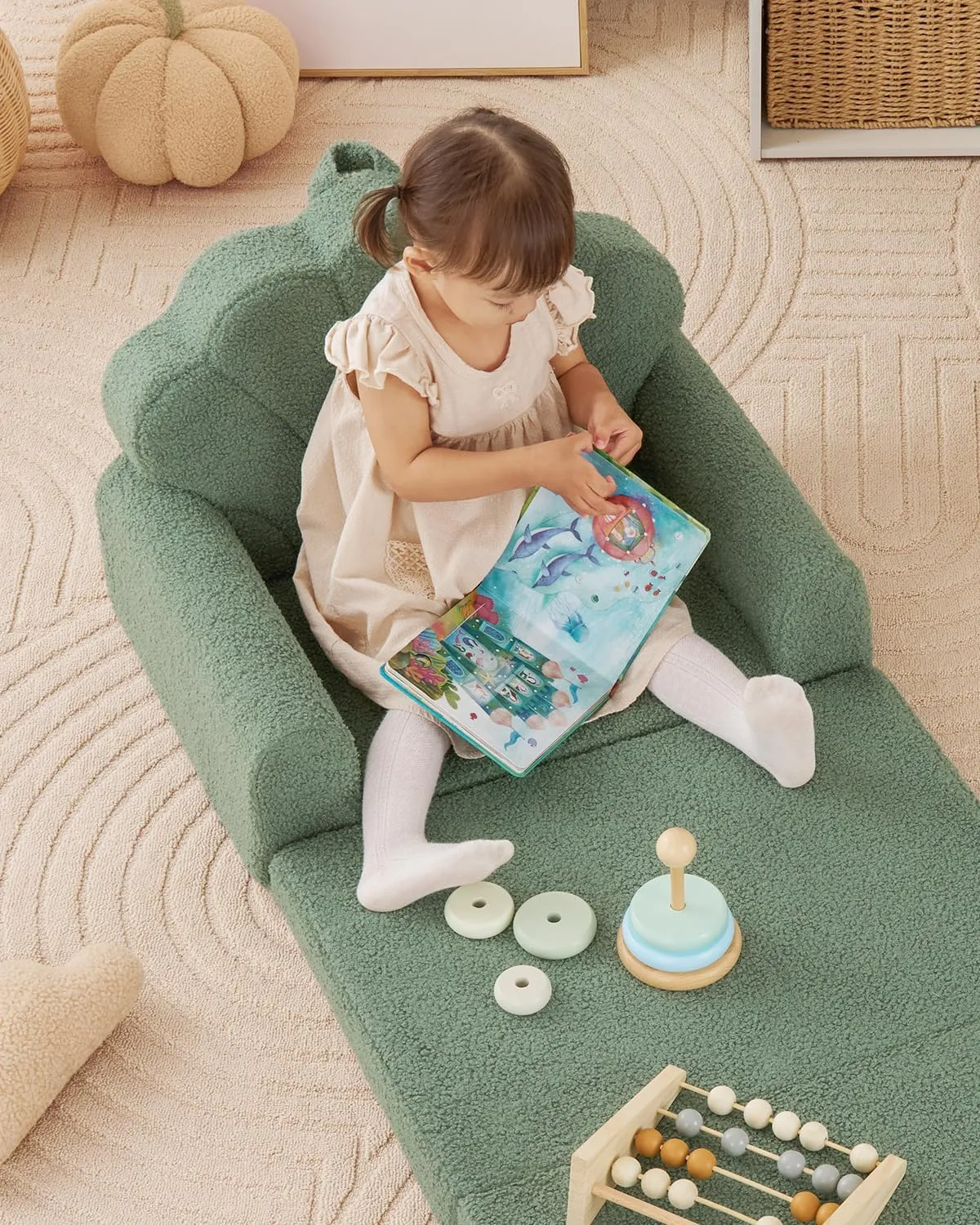 Blissful Diary Kids Couch, 2-in-1 Soft Toddler Couch Fold Out, Toddler Chair Comfy, Convertible Sofa to Lounger, Kids Furniture for Playroom, Gift for Birthday, Children's Day, Green Shell