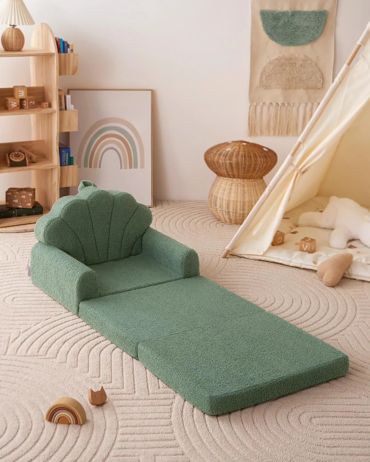 Blissful Diary Kids Couch, 2-in-1 Soft Toddler Couch Fold Out, Toddler Chair Comfy, Convertible Sofa to Lounger, Kids Furniture for Playroom, Gift for Birthday, Children's Day, Green Shell