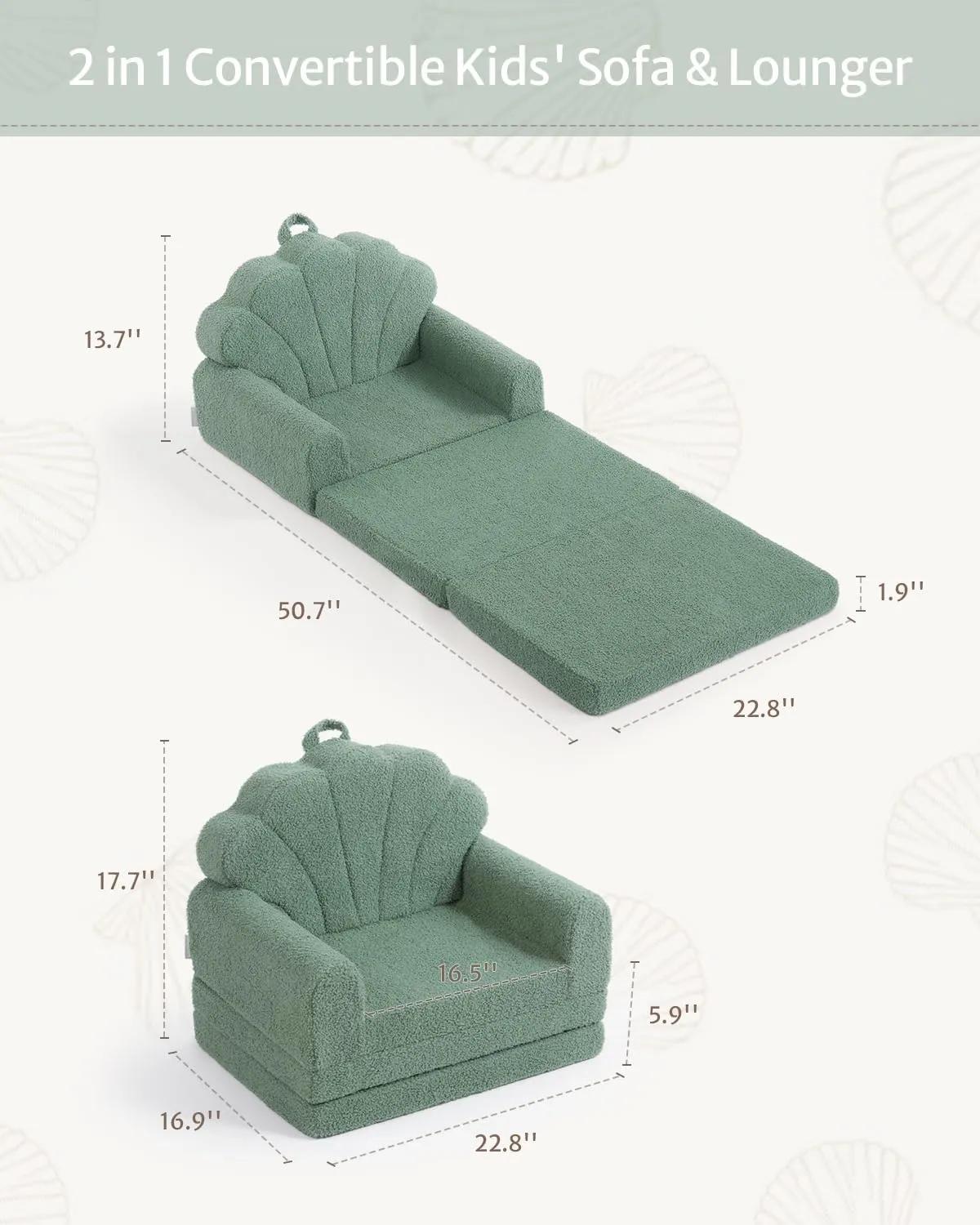 Blissful Diary Kids Couch, 2-in-1 Soft Toddler Couch Fold Out, Toddler Chair Comfy, Convertible Sofa to Lounger, Kids Furniture for Playroom, Gift for Birthday, Children's Day, Green Shell