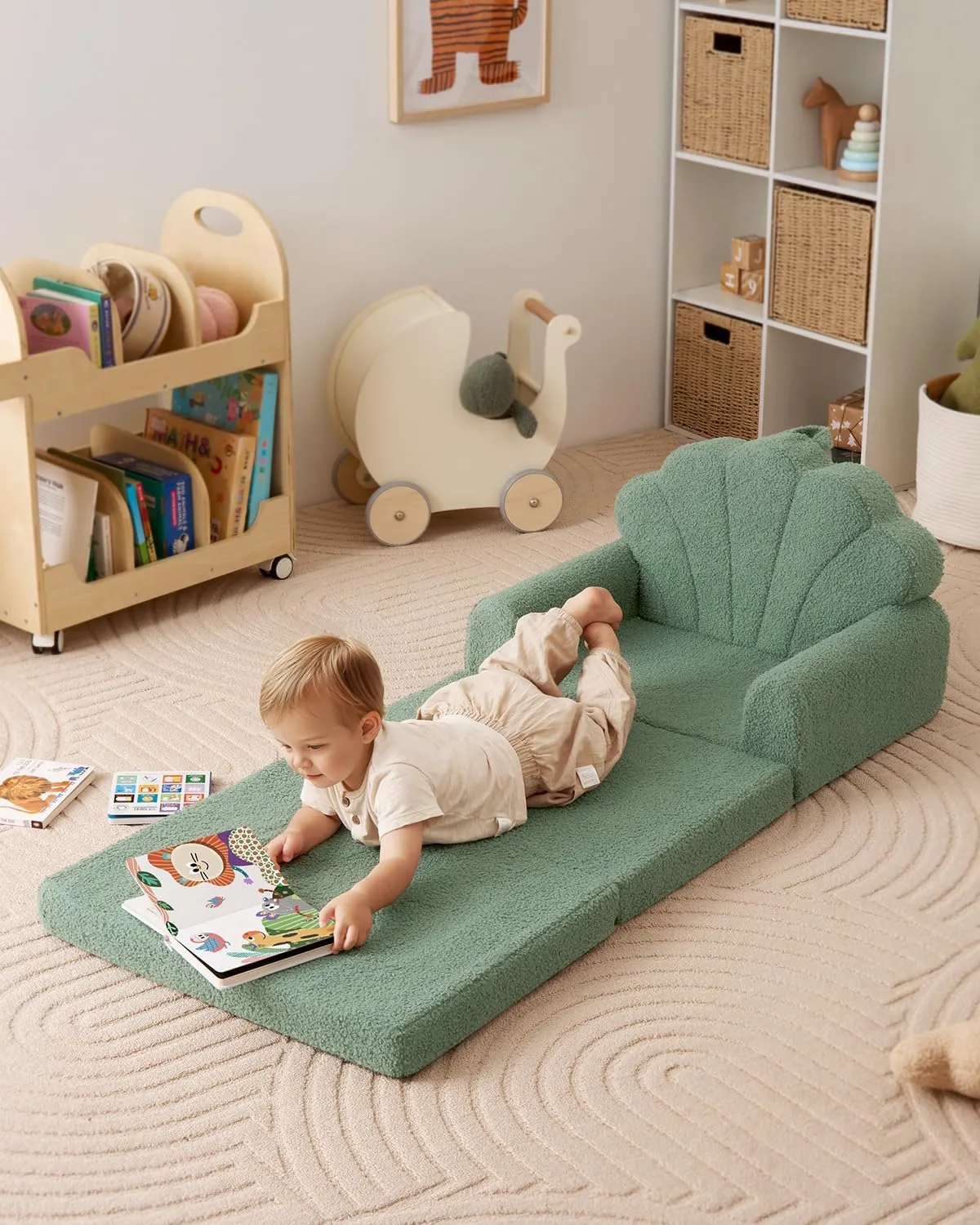 Blissful Diary Kids Couch, 2-in-1 Soft Toddler Couch Fold Out, Toddler Chair Comfy, Convertible Sofa to Lounger, Kids Furniture for Playroom, Gift for Birthday, Children's Day, Green Shell