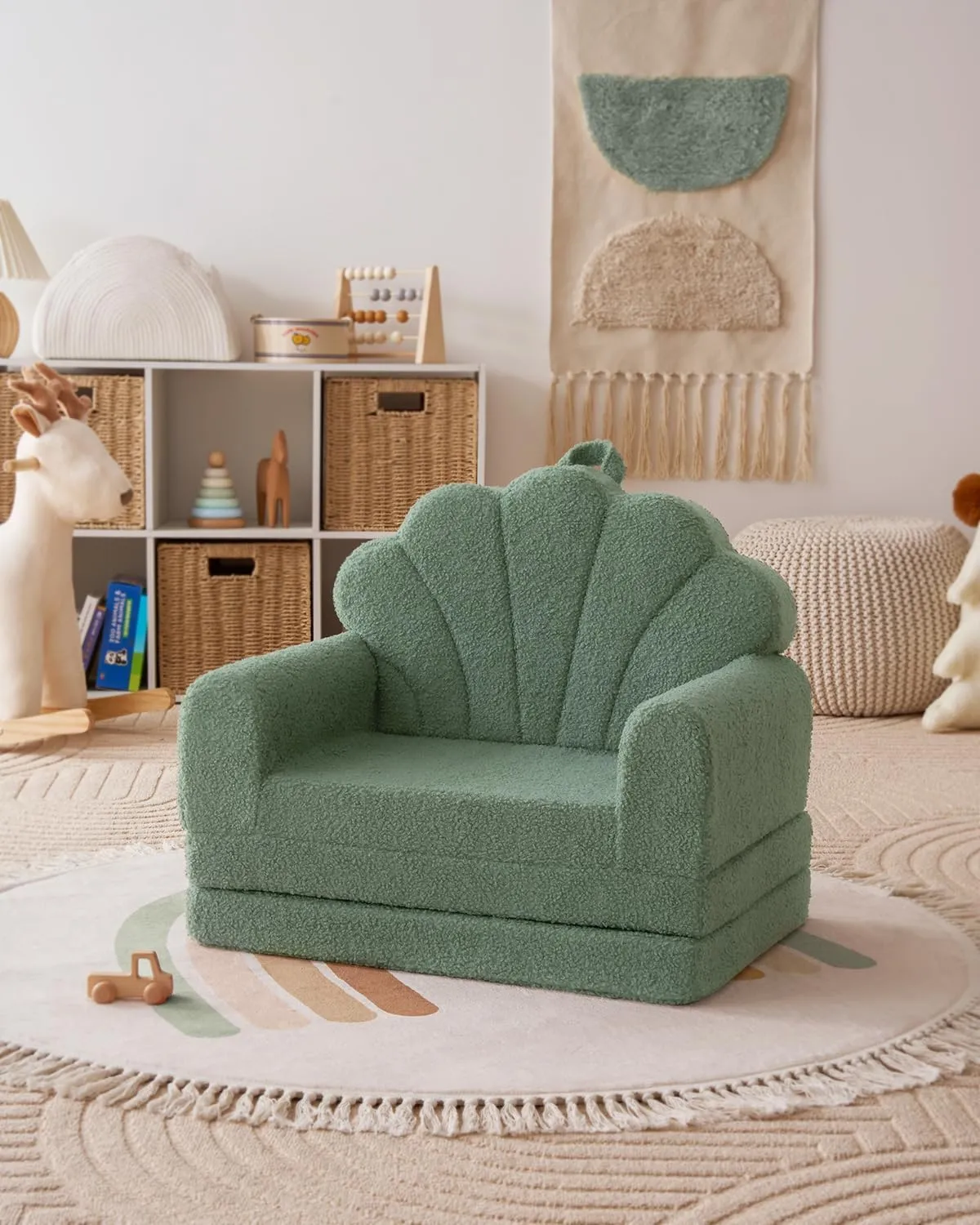 Blissful Diary Kids Couch, 2-in-1 Soft Toddler Couch Fold Out, Toddler Chair Comfy, Convertible Sofa to Lounger, Kids Furniture for Playroom, Gift for Birthday, Children's Day, Green Shell