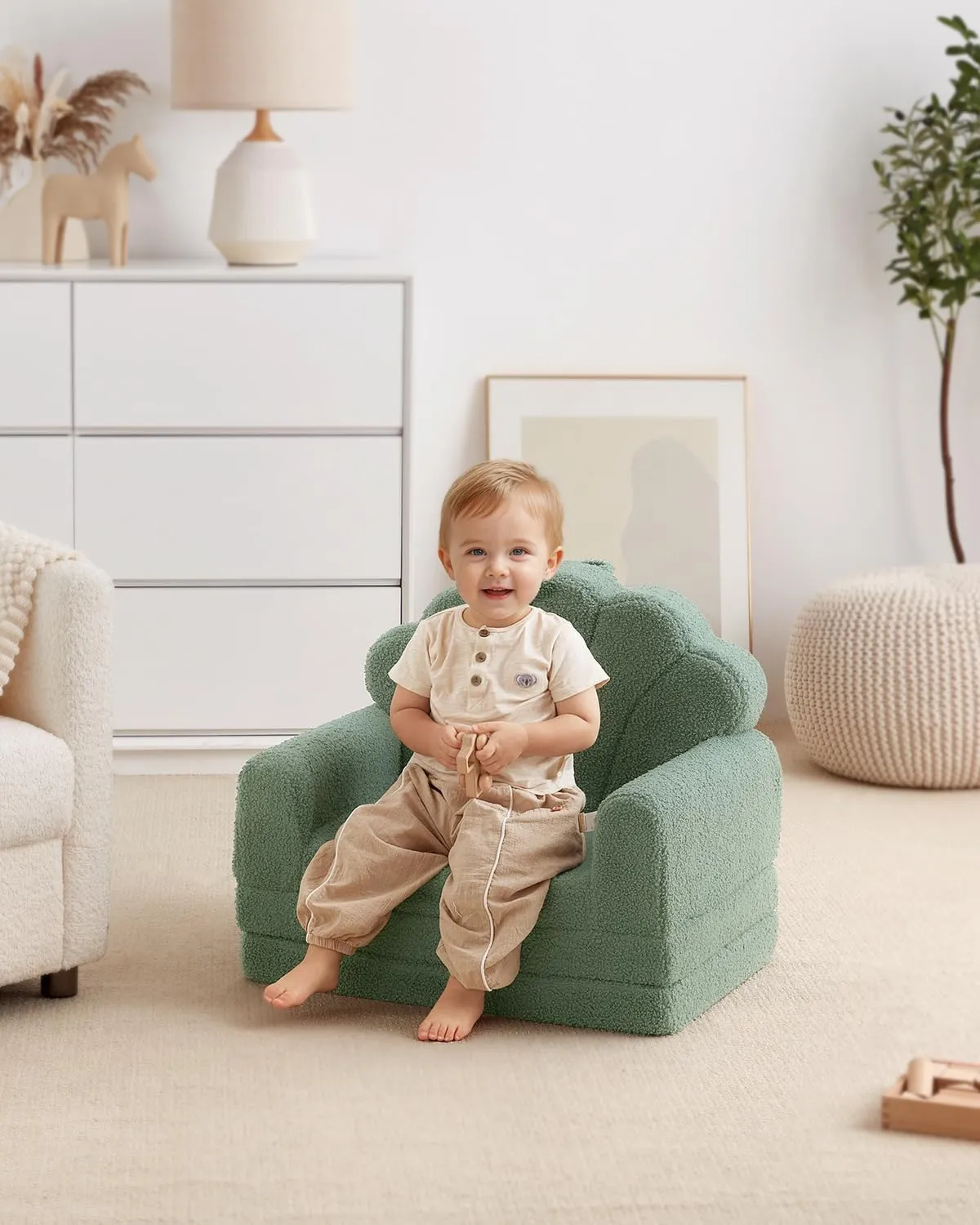 Blissful Diary Kids Couch, 2-in-1 Soft Toddler Couch Fold Out, Toddler Chair Comfy, Convertible Sofa to Lounger, Kids Furniture for Playroom, Gift for Birthday, Children's Day, Green Shell