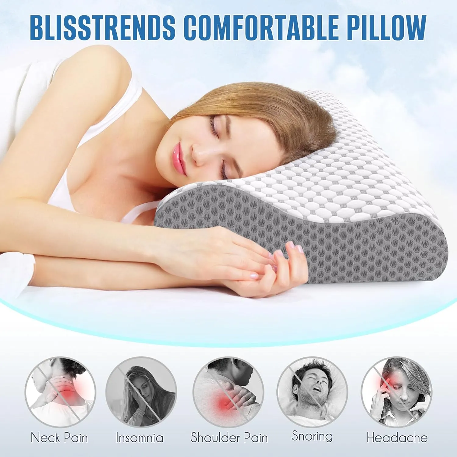 BlissTrends Cervical Pillow for Neck and Shoulder Pain Relief, Memory Foam Pillow for Sleeping, Contour Bed Pillow for Side, Back and Stomach Sleepers,Grey, Queen Size