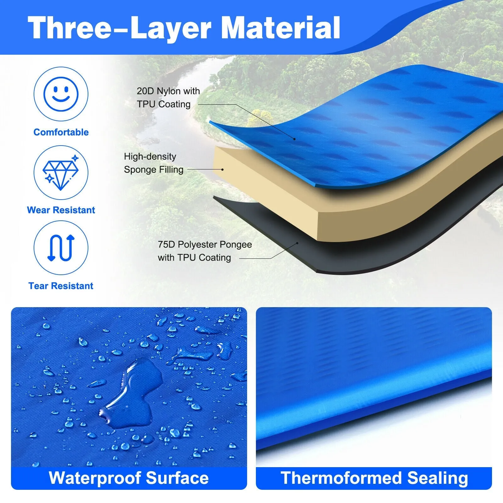Blue Inflatable Sleeping Pad with Carrying Bag
