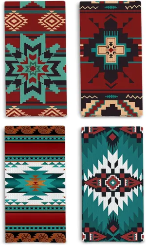 Boho Western Aztec Kitchen Towels Set of 4, Western Southwestern Aztec Native American Decorative Hand Towels for Bathroom, Aztec Bathroom Decor, Western Dish Towels for Kitchen, 16x24 Inch