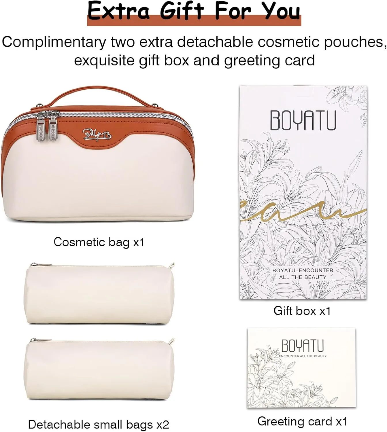 BOYATU Travel Makeup Bags Cosmetic Organizer Bag: 3-Set Large Capacity Make up Bag - PU Leather Toiletry Bags for Women - Wide Open Portable Pouch with Divider & Handle (09-Beige)