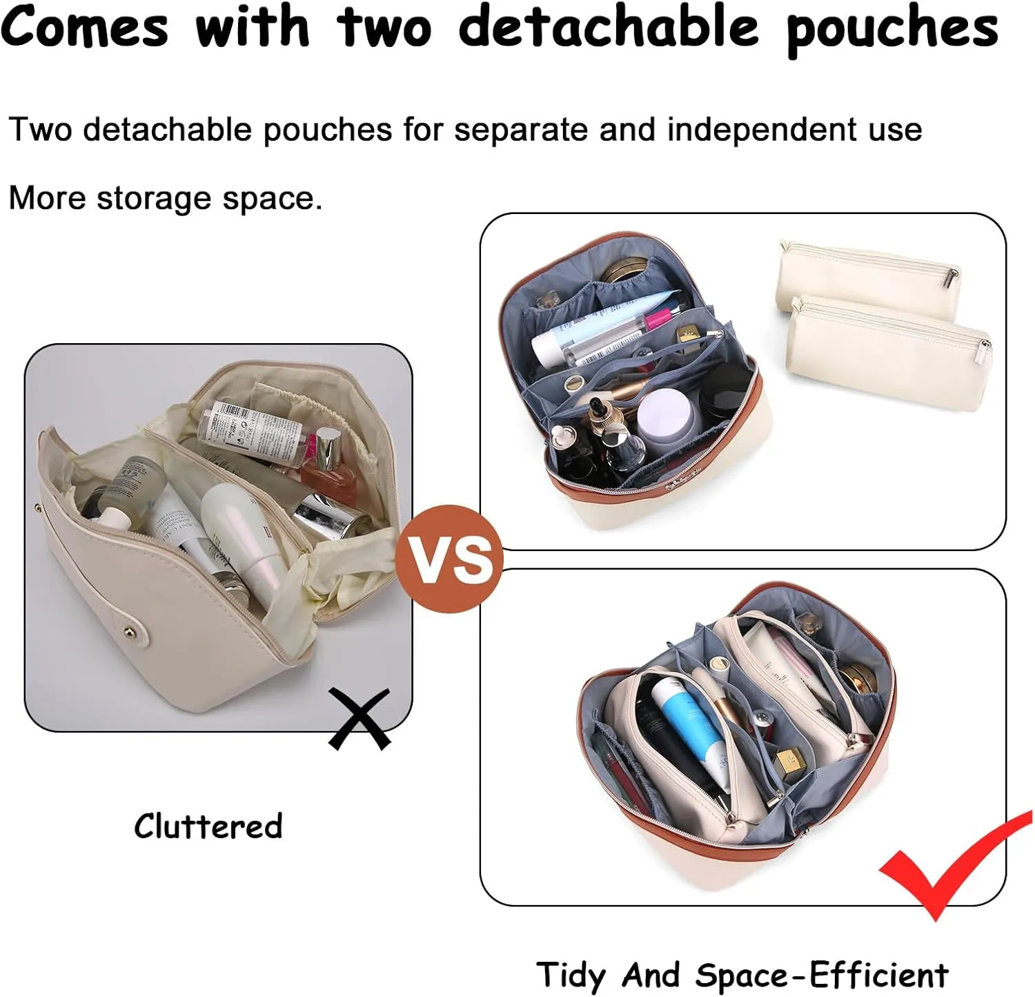 BOYATU Travel Makeup Bags Cosmetic Organizer Bag: 3-Set Large Capacity Make up Bag - PU Leather Toiletry Bags for Women - Wide Open Portable Pouch with Divider & Handle (09-Beige)