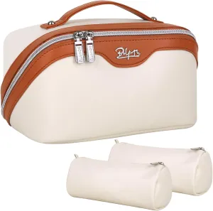 BOYATU Travel Makeup Bags Cosmetic Organizer Bag: 3-Set Large Capacity Make up Bag - PU Leather Toiletry Bags for Women - Wide Open Portable Pouch with Divider & Handle (09-Beige)