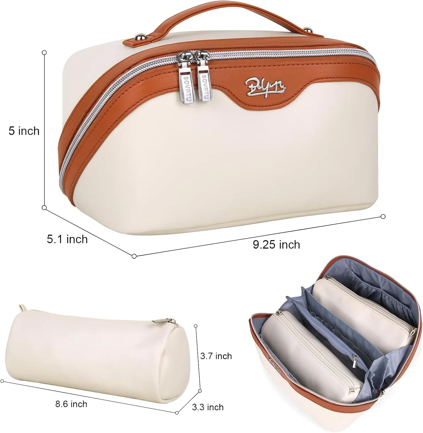BOYATU Travel Makeup Bags Cosmetic Organizer Bag: 3-Set Large Capacity Make up Bag - PU Leather Toiletry Bags for Women - Wide Open Portable Pouch with Divider & Handle (09-Beige)