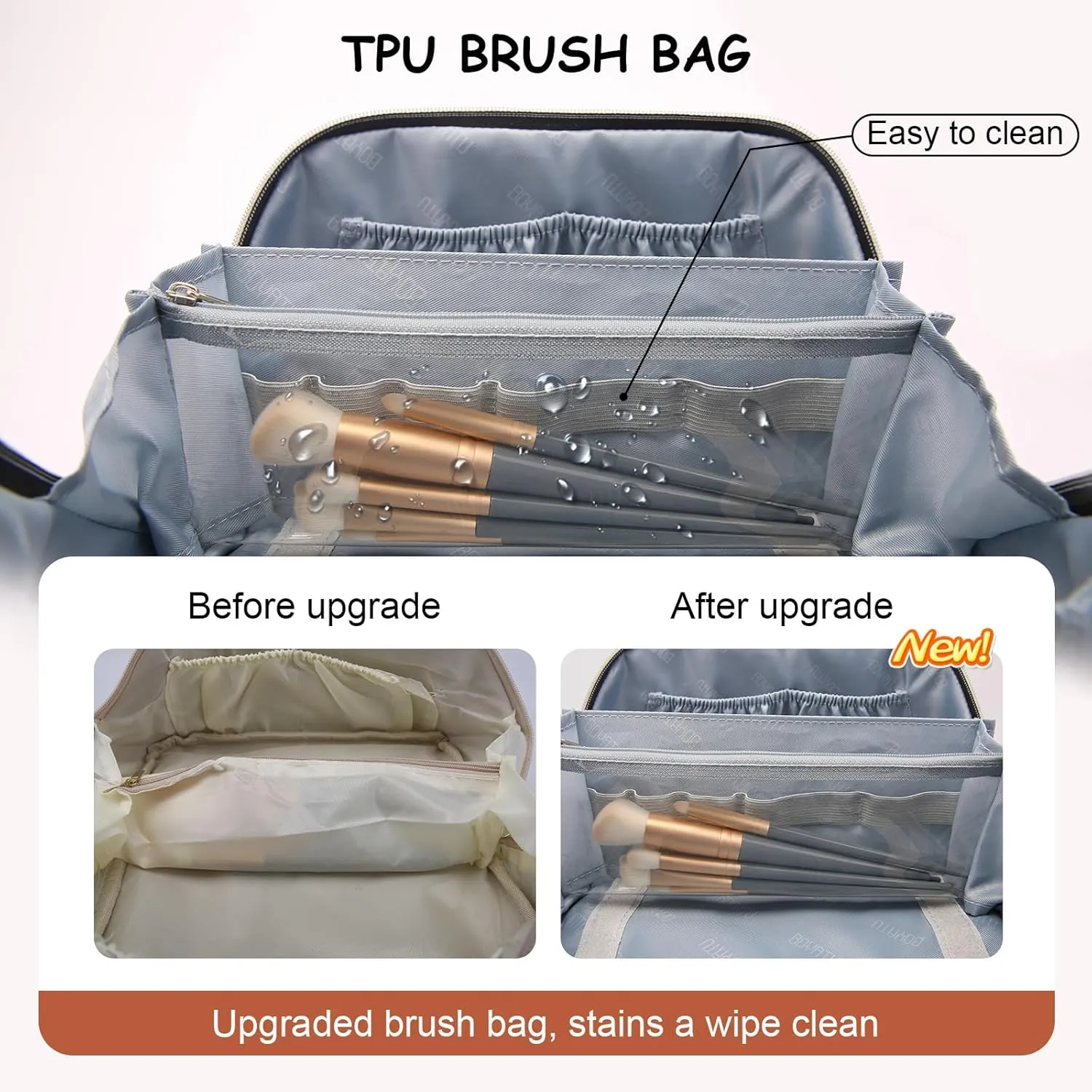 BOYATU Travel Makeup Bags Cosmetic Organizer Bag: 3-Set Large Capacity Make up Bag - PU Leather Toiletry Bags for Women - Wide Open Portable Pouch with Divider & Handle (09-Beige)