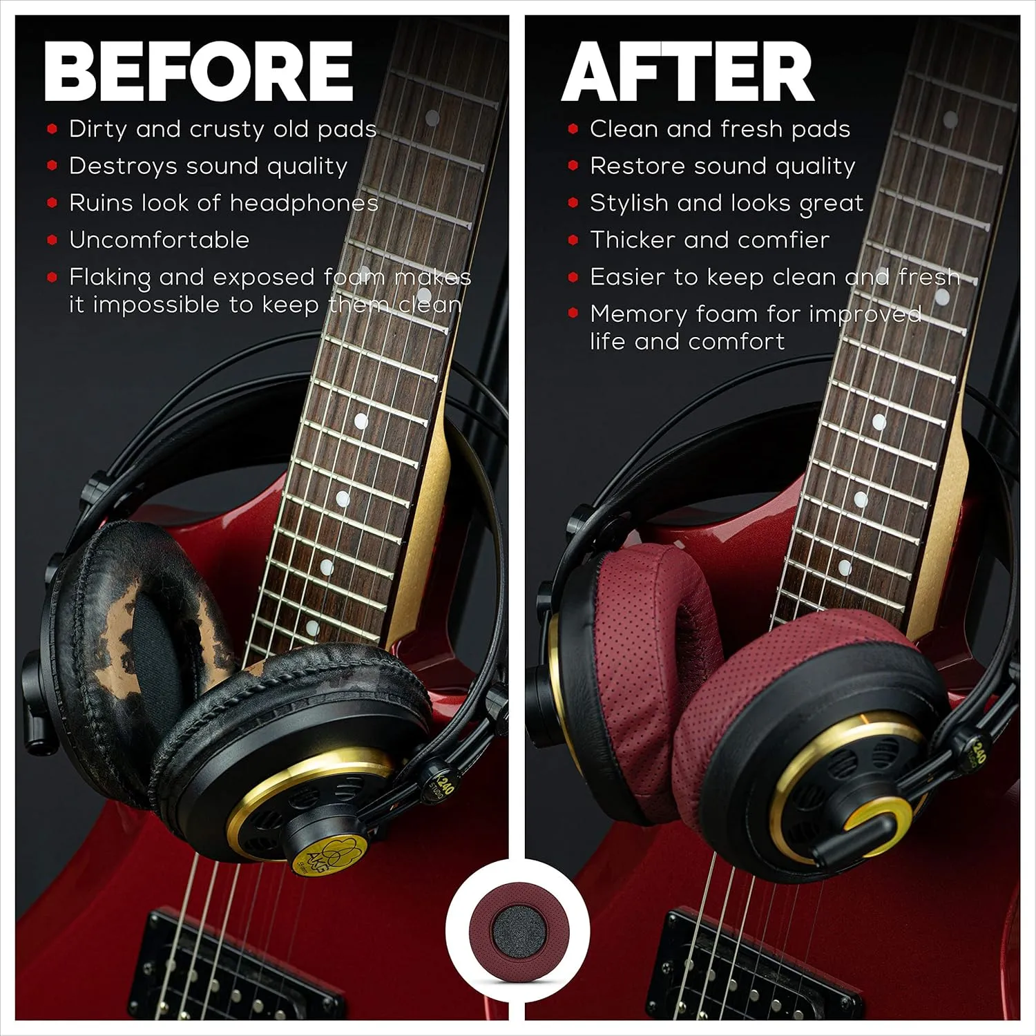 Brainwavz Round Memory Foam Earpads - Suitable Many Large Headphones - SteelSeries, HD668B, ATH, AKG K553, HifiMan, ATH, Philips, Fostex, Sony Ear Pad & More (Perforated Red)