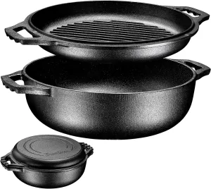 Bruntmor 2-in-1 Pre-Seasoned Cast Iron Dutch Oven with Dual Handles, Cocotte Double Braiser Pan with Grill Lid 3.3 Quarts - BBQ Grill, Fryer - Outdoor Cookware Set with Dual Handles, Camping,- Black