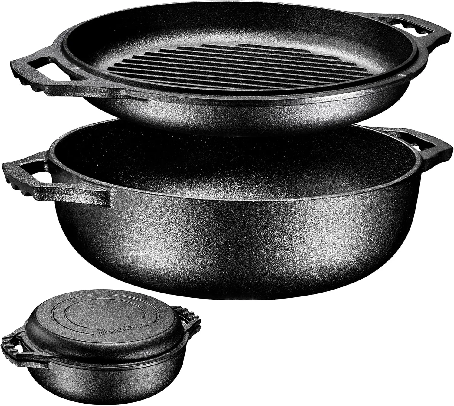 Bruntmor 2-in-1 Pre-Seasoned Cast Iron Dutch Oven with Dual Handles, Cocotte Double Braiser Pan with Grill Lid 3.3 Quarts - BBQ Grill, Fryer - Outdoor Cookware Set with Dual Handles, Camping,- Black