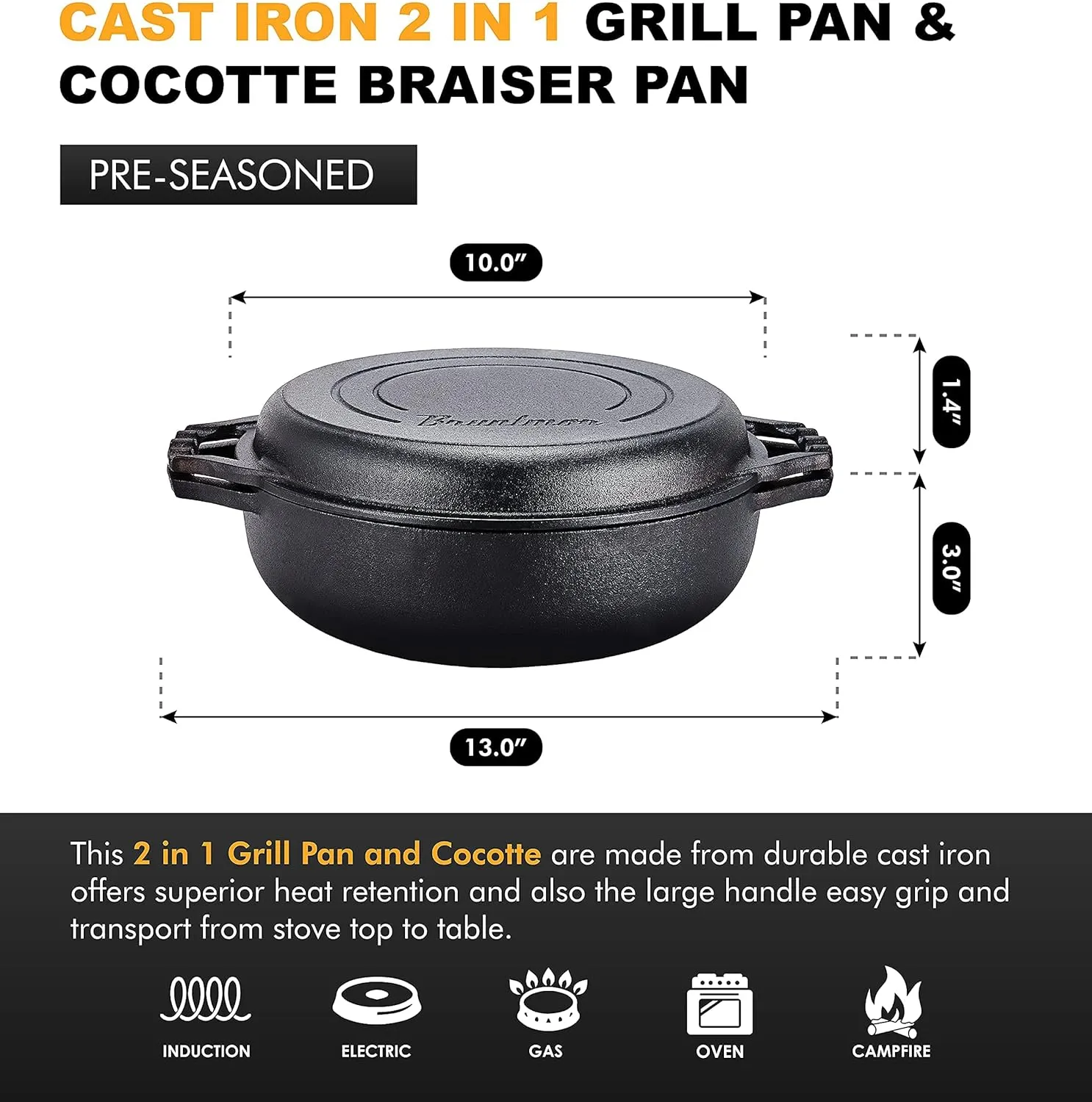 Bruntmor 2-in-1 Pre-Seasoned Cast Iron Dutch Oven with Dual Handles, Cocotte Double Braiser Pan with Grill Lid 3.3 Quarts - BBQ Grill, Fryer - Outdoor Cookware Set with Dual Handles, Camping,- Black