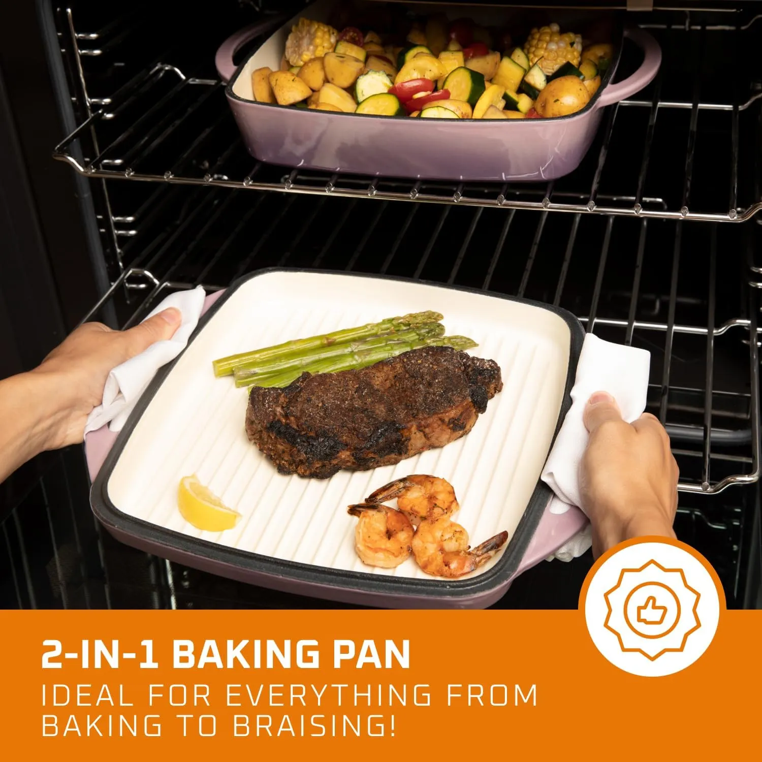Bruntmor 2-in-1 Square Enamel Cast Iron Dutch Oven Baking Pan With Handles, Purple Baking Pans Set With Cast Iron Skillet, Braising Pan For Casserole Dish with lid, Oven Safe