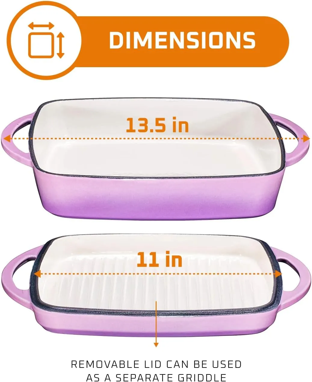 Bruntmor 2-in-1 Square Enamel Cast Iron Dutch Oven Baking Pan With Handles, Purple Baking Pans Set With Cast Iron Skillet, Braising Pan For Casserole Dish with lid, Oven Safe