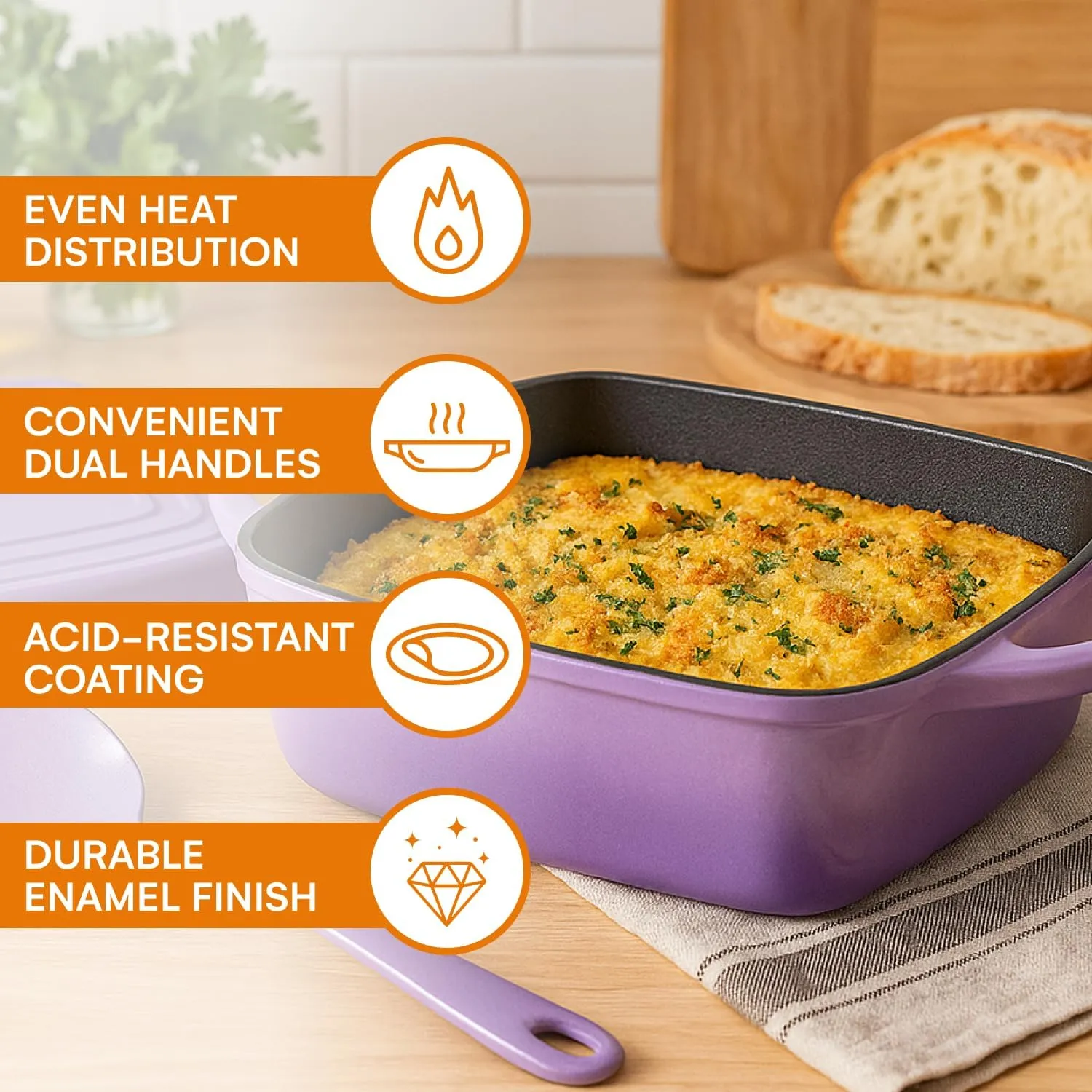 Bruntmor 2-in-1 Square Enamel Cast Iron Dutch Oven Baking Pan With Handles, Purple Baking Pans Set With Cast Iron Skillet, Braising Pan For Casserole Dish with lid, Oven Safe