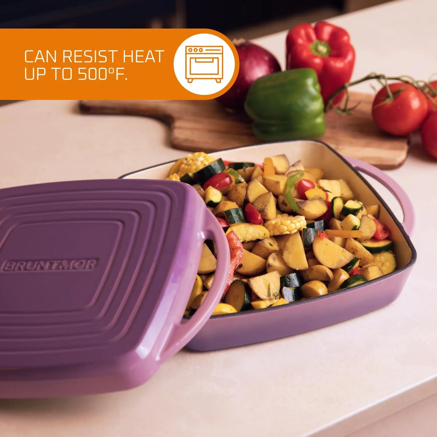 Bruntmor 2-in-1 Square Enamel Cast Iron Dutch Oven Baking Pan With Handles, Purple Baking Pans Set With Cast Iron Skillet, Braising Pan For Casserole Dish with lid, Oven Safe