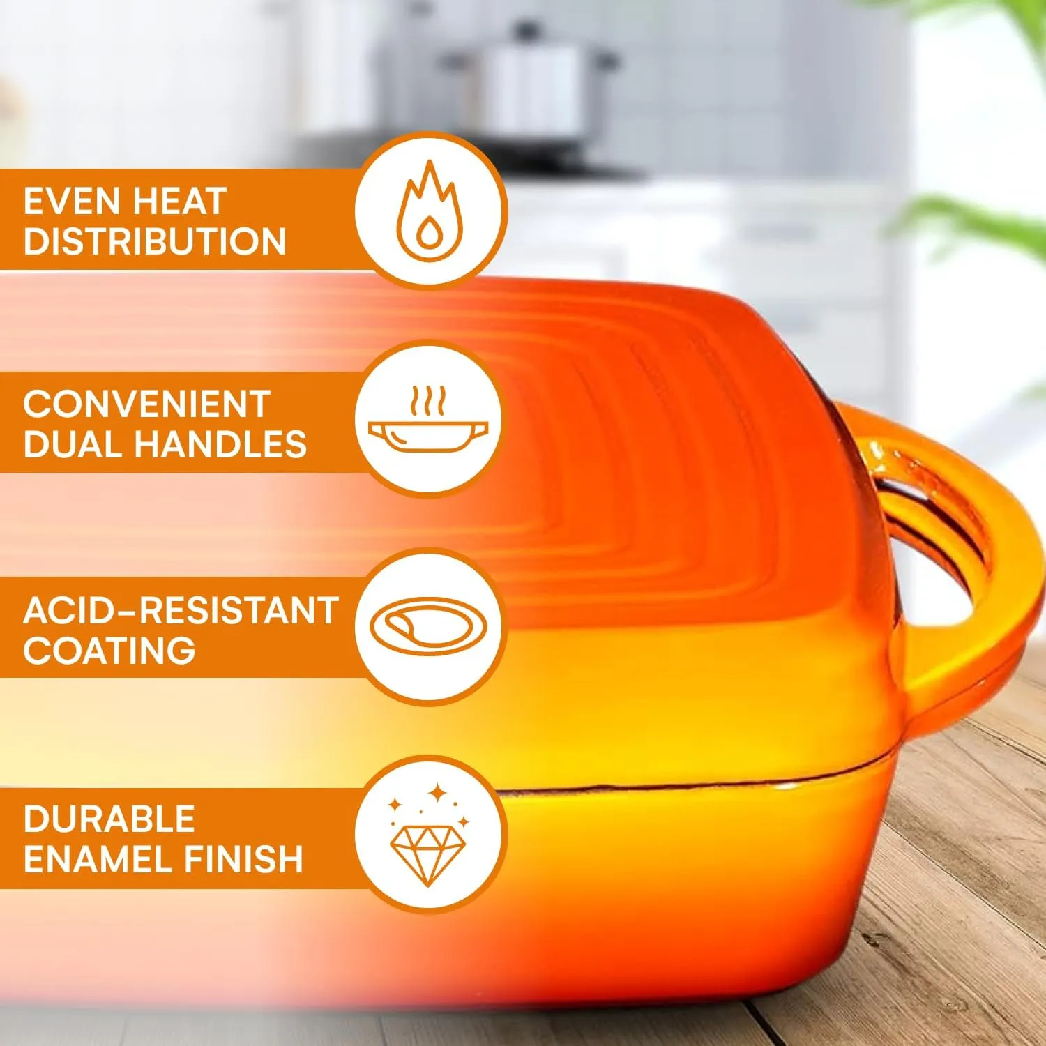 Bruntmor 2-in-1 Square Pumpkin Spice Cast Iron Dutch Oven With Handles, Enamel All-in-One Cookware Set, Braising Pan For Casserole Dish, Crock Pot Covered Cast Iron Skillet