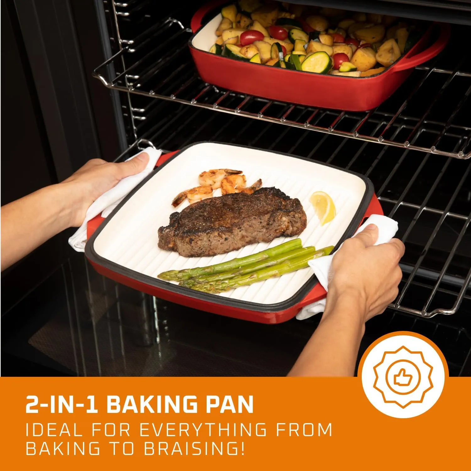 Bruntmor 2-in-1 Square Pumpkin Spice Cast Iron Dutch Oven With Handles, Enamel All-in-One Cookware Set, Braising Pan For Casserole Dish, Crock Pot Covered Cast Iron Skillet