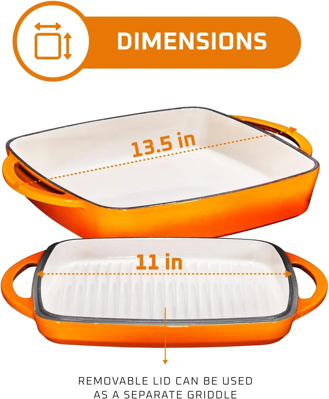 Bruntmor 2-in-1 Square Pumpkin Spice Cast Iron Dutch Oven With Handles, Enamel All-in-One Cookware Set, Braising Pan For Casserole Dish, Crock Pot Covered Cast Iron Skillet