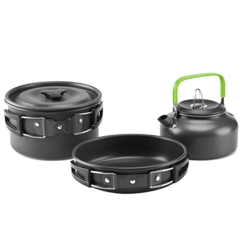 Camping Cooking Set Cookware Mess Kit w/ Storage Bag Pot Pan & Teapot Set