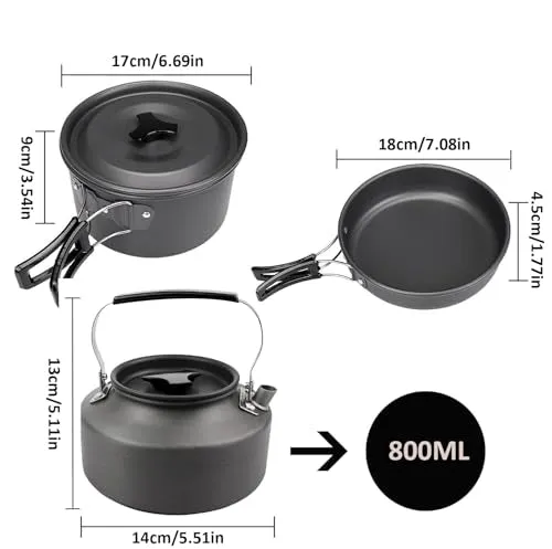 Camping Cooking Set Cookware Mess Kit w/ Storage Bag Pot Pan & Teapot Set