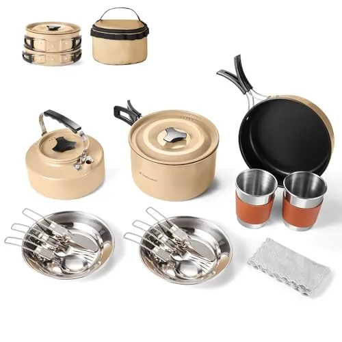 Camping Cookware Set Non-Stick Pot & Pan Set w/ Kettle,Stainless Steel Utensils Mess Kit