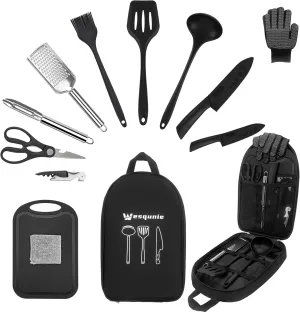 Camping Essentials Cookware Cooking Utensils Set - Portable Camp Kitchen Mess Kit Outdoor Accessories, Stainless Steel & Silicone, Camping Gear Equipment for RV Picnic Grill