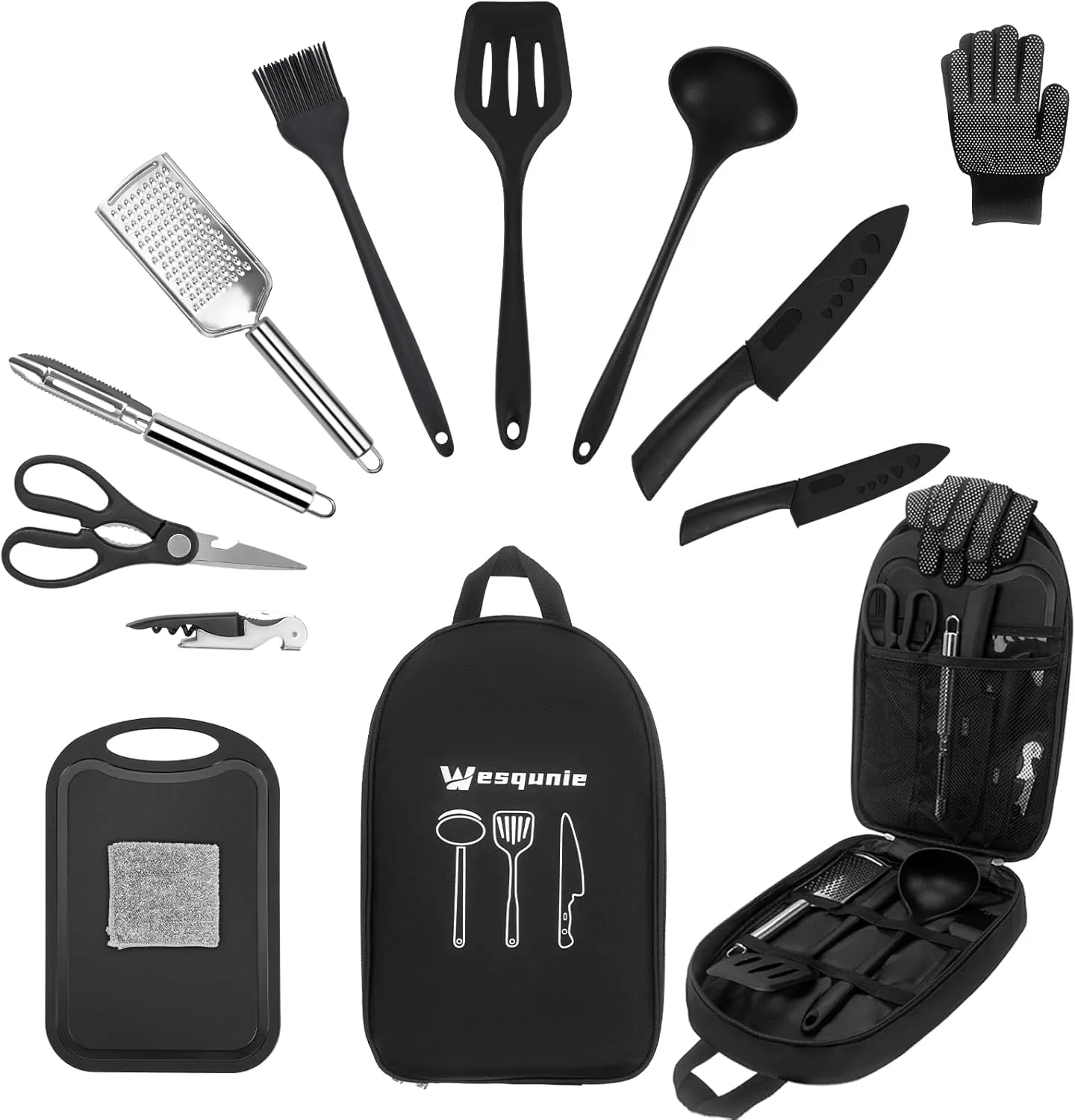 Camping Essentials Cookware Cooking Utensils Set - Portable Camp Kitchen Mess Kit Outdoor Accessories, Stainless Steel & Silicone, Camping Gear Equipment for RV Picnic Grill