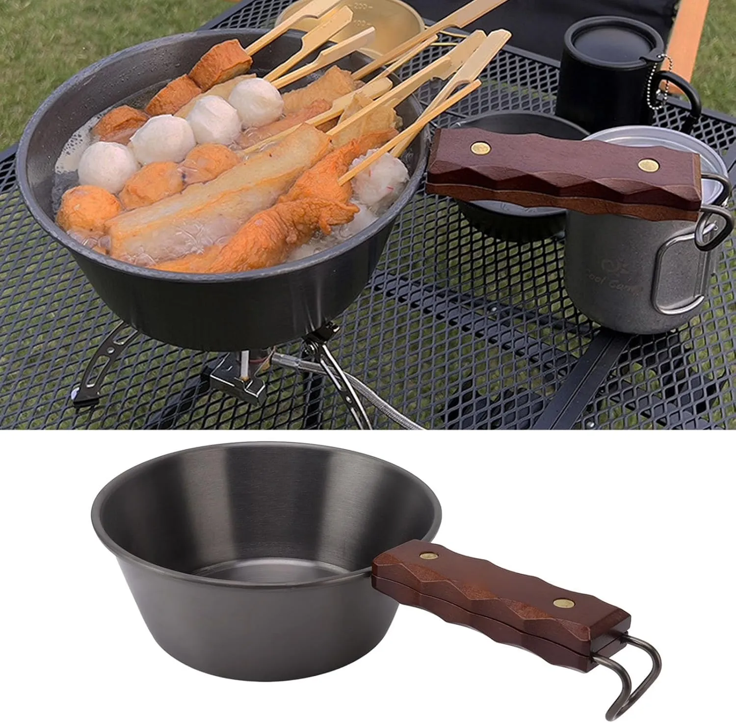 Camping Frying Pan, Camping Skillet 304 Stainless Steel 2000ML Wood Handle Lightweight Camp Cookware Portable for Outdoor Hiking Picnic (Black)