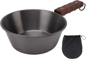 Camping Frying Pan, Camping Skillet 304 Stainless Steel 2000ML Wood Handle Lightweight Camp Cookware Portable for Outdoor Hiking Picnic (Black)