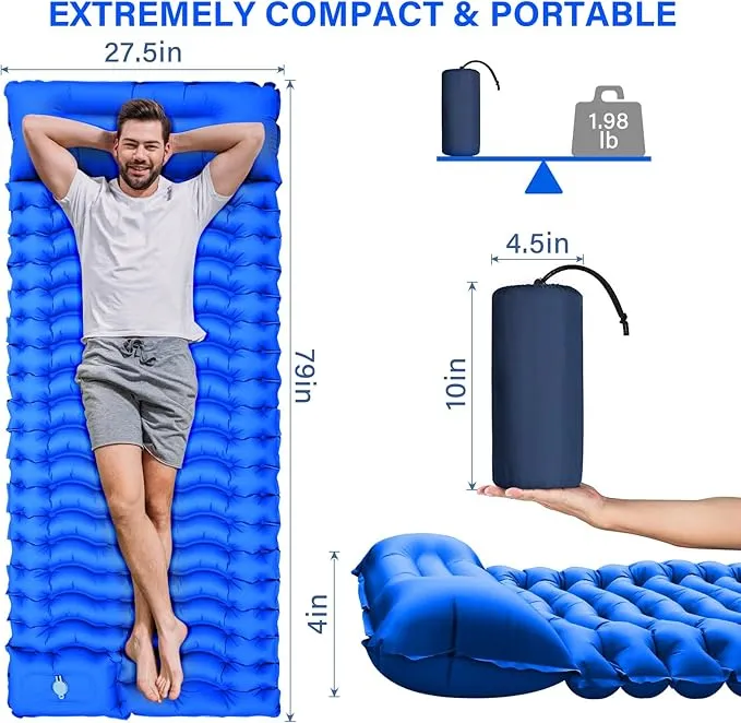 Camping Sleeping Pad, Ultralight Camping Pad with Pillow Built-in Foot Pump Inflatable Sleeping Mat Compact for Camping Backpacking Hiking Traveling - Blue