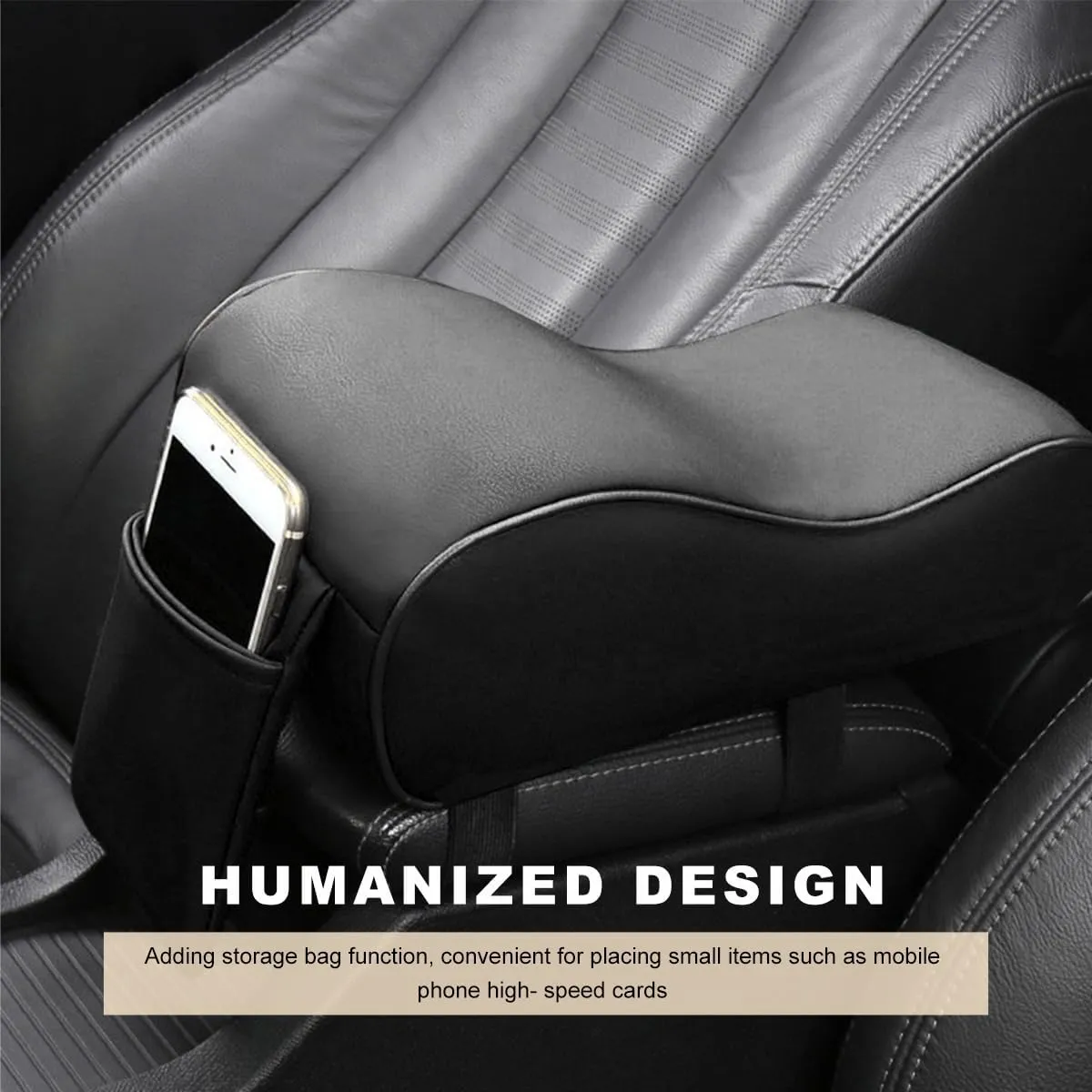 Car Armrest Cushion, Memory Foam Auto Armrest Cushion Pad with Phone Holder Storage Bag, Leather Center Console Armrest Pillow for Most Vehicles, Universal Car Accessories (Black)