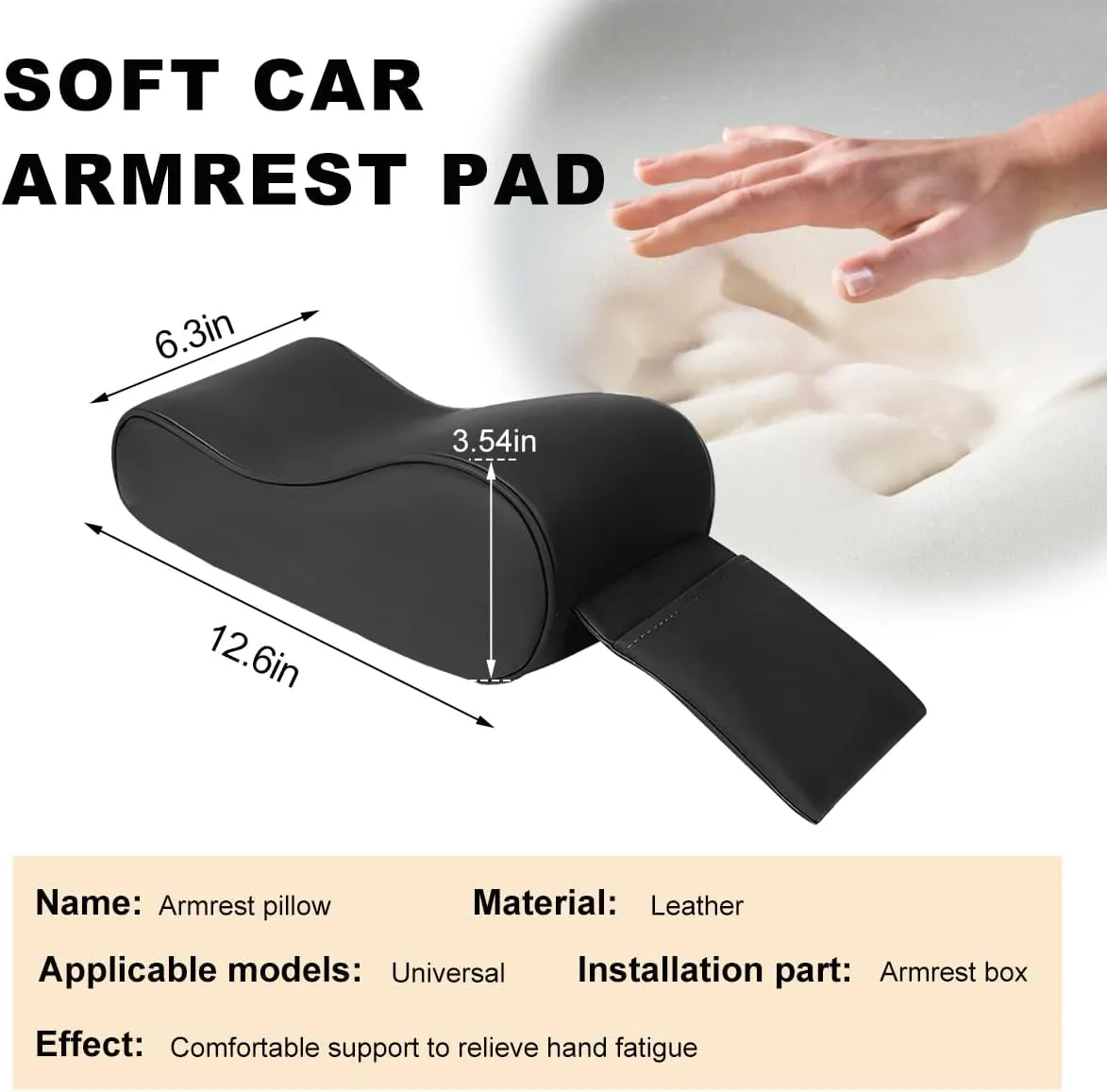 Car Armrest Cushion, Memory Foam Auto Armrest Cushion Pad with Phone Holder Storage Bag, Leather Center Console Armrest Pillow for Most Vehicles, Universal Car Accessories (Black)